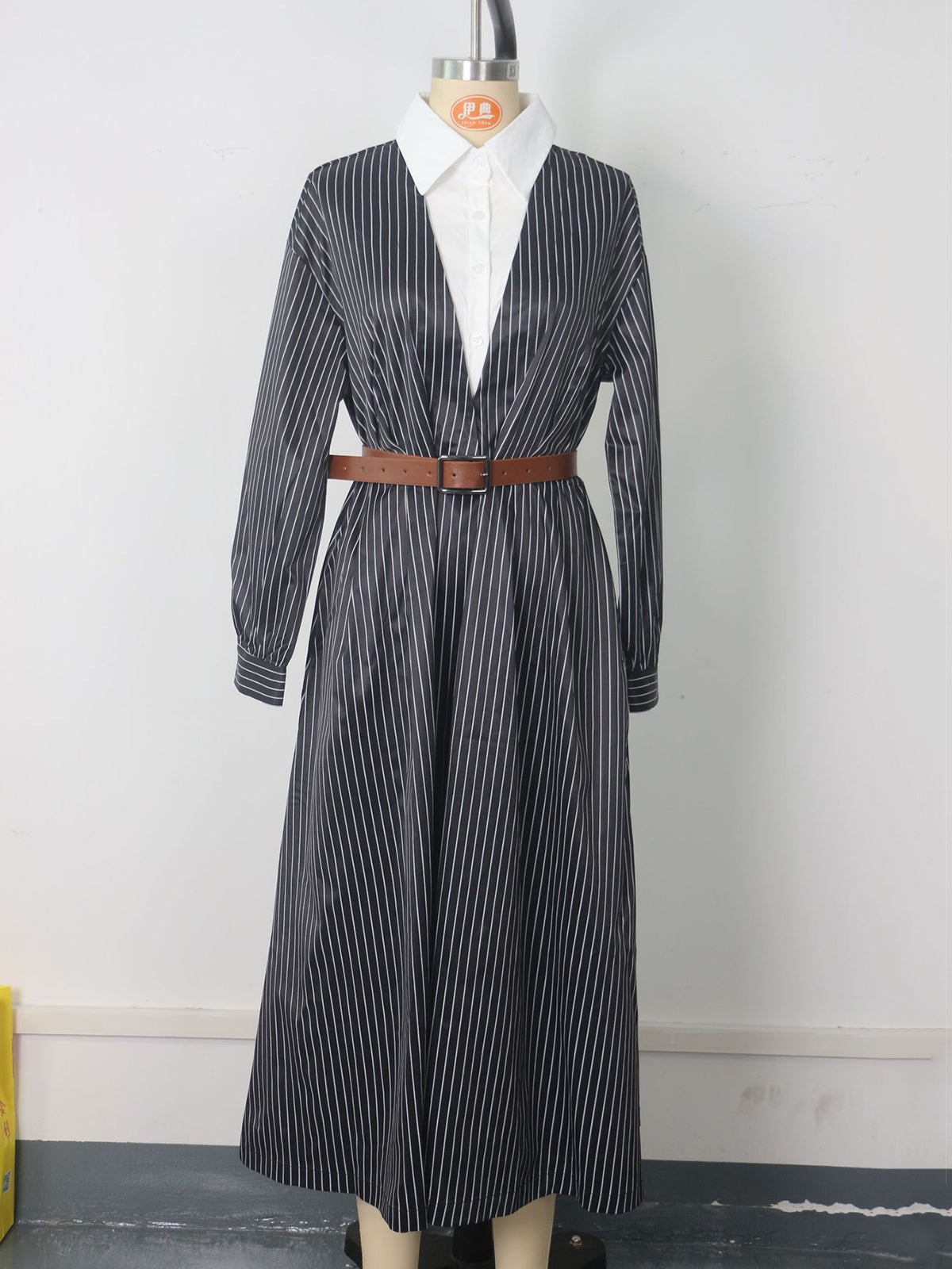 Contrast Collar Pinstripe Belted Midi Shirt Dress