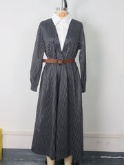 Contrast Collar Pinstripe Belted Midi Shirt Dress