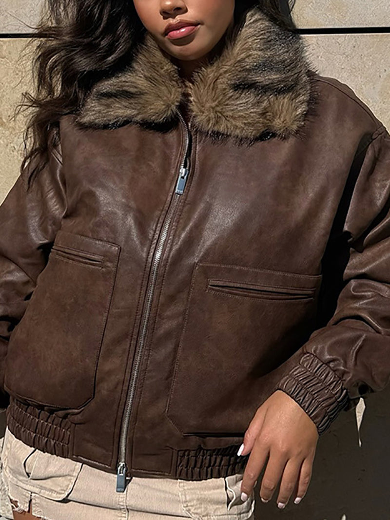 Fashion Loose Pocket PU Leather Jacket