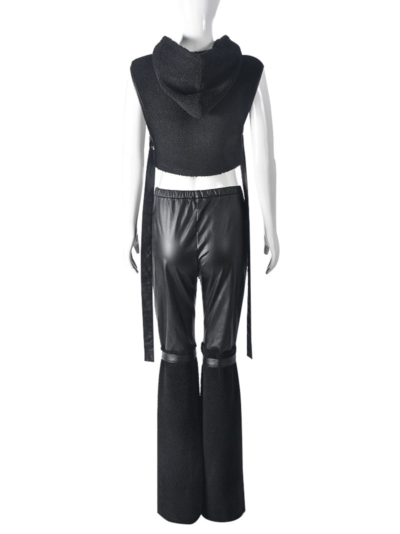 Fashion Hooded Sleeveless Tops PU Leather Pants Set