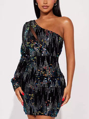 Sexy One Shoulder Cut Out Sequin Mini Dress