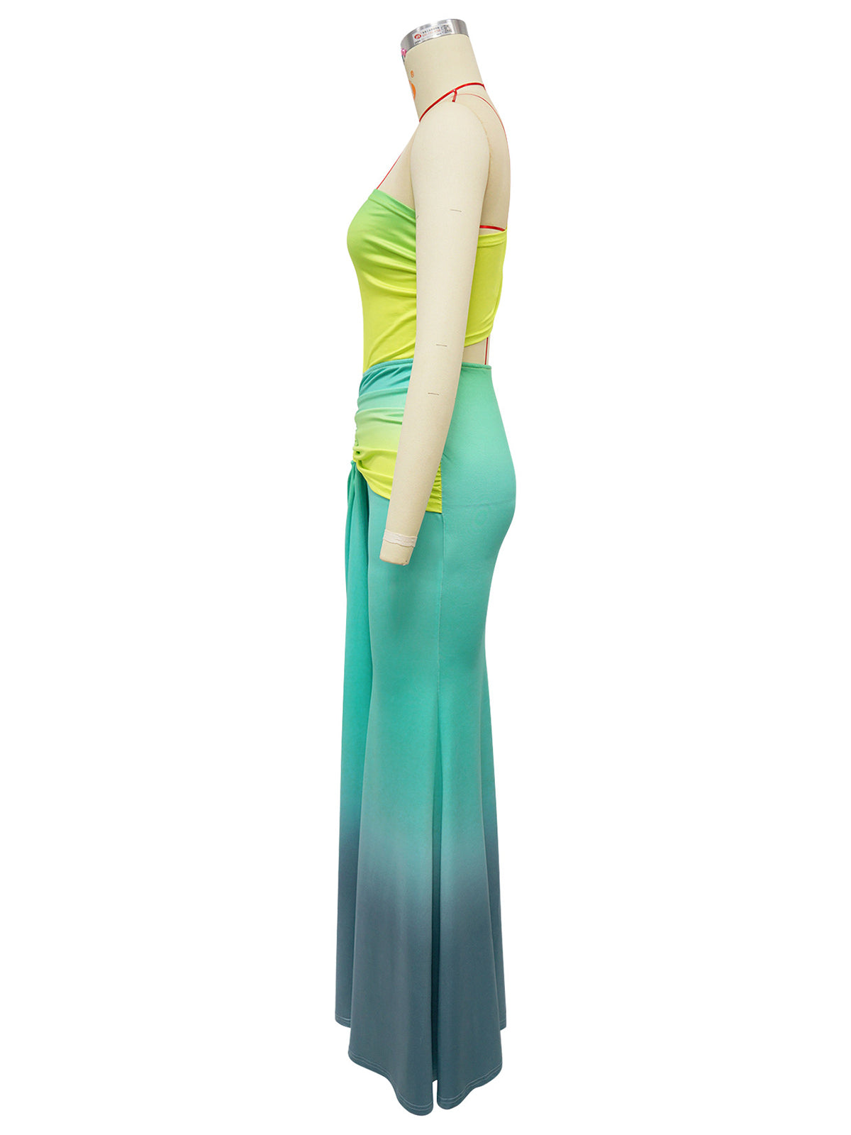 Gradient Color Cut Out Ruched Asymmetrical Maxi Dress