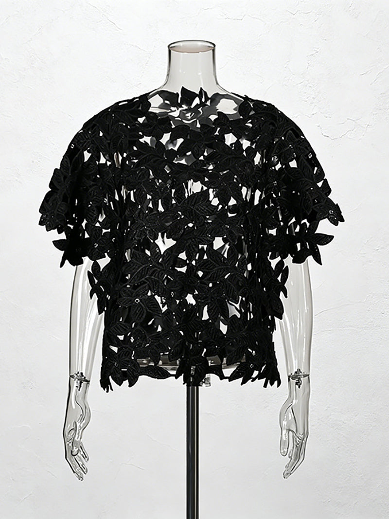 Fashion Solid Hollow Out Floral Patchwork Short Sleeve Shirt
