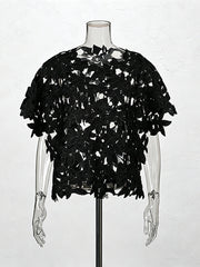 Fashion Solid Hollow Out Floral Patchwork Short Sleeve Shirt