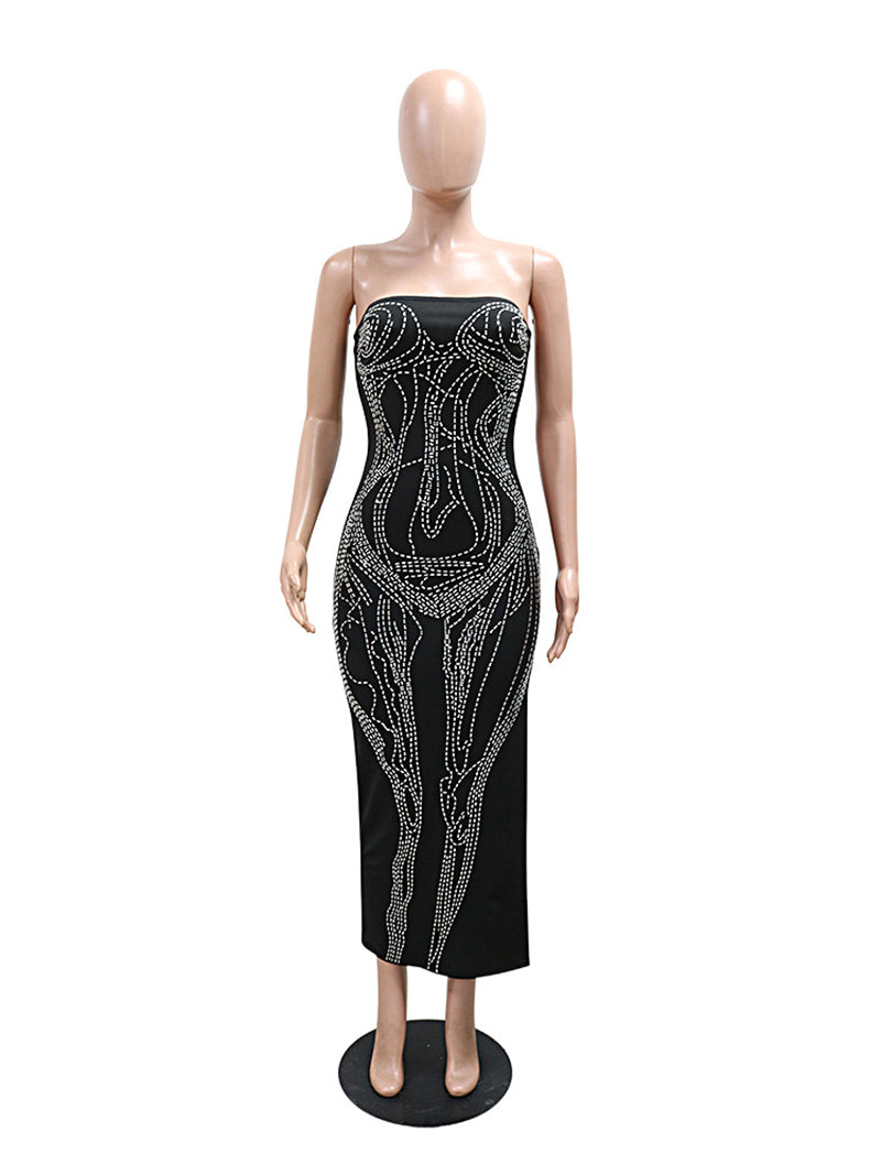 Rhinestone Nightclub Strapless Maxi Dress