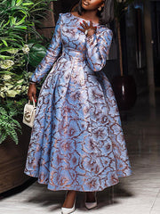 Fashion Round Collar Print Cinched Waist A-Line Dress