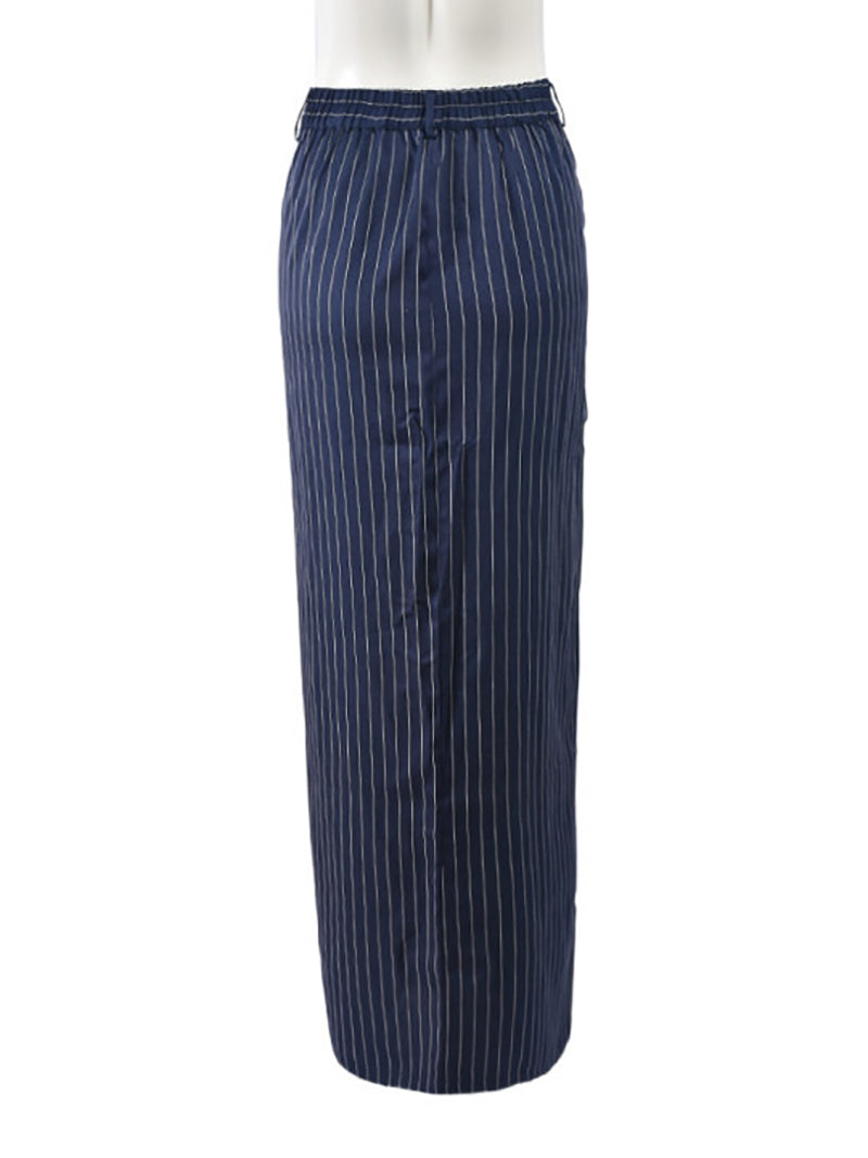 Striped Back Waist Side Silt Cotton Maxi Skirt