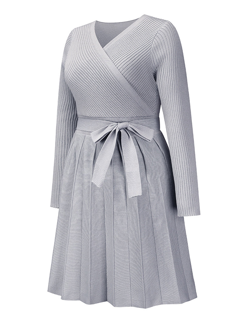 Fashion V Neck Long Sleeves Knit Sweater Dress