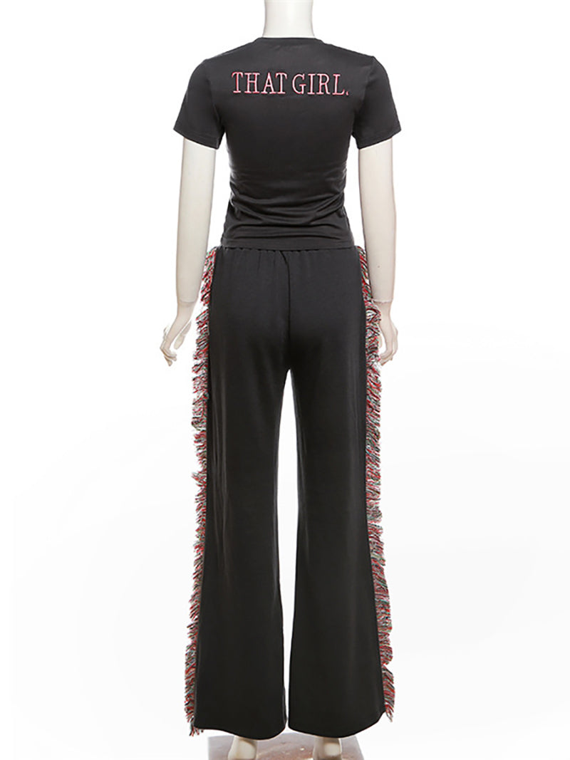 Letter Print Round Neck T-Shirt And Fringe Pants Sets