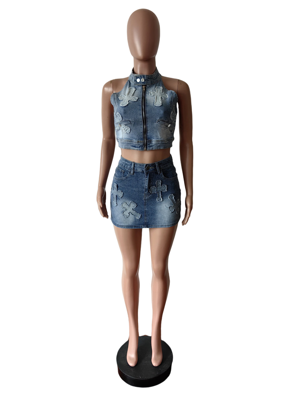 Stretch Embroidered Denim Vest and Mini Skirt Sets