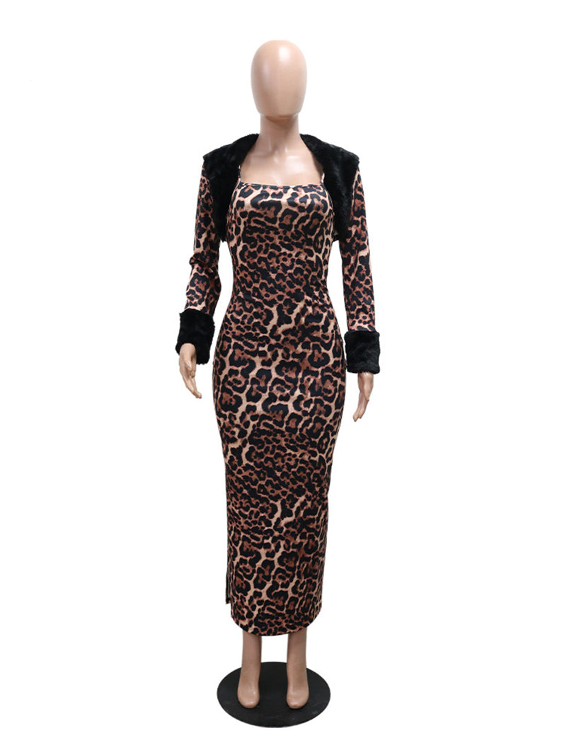 Sexy Cropped Coat Leopard Print Maxi Dress Set