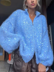 Fuzzy Sequin Zip Front Knit Cardigan