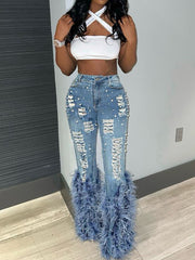 High Waist Slim Fit Feather Denim Ripped Jeans