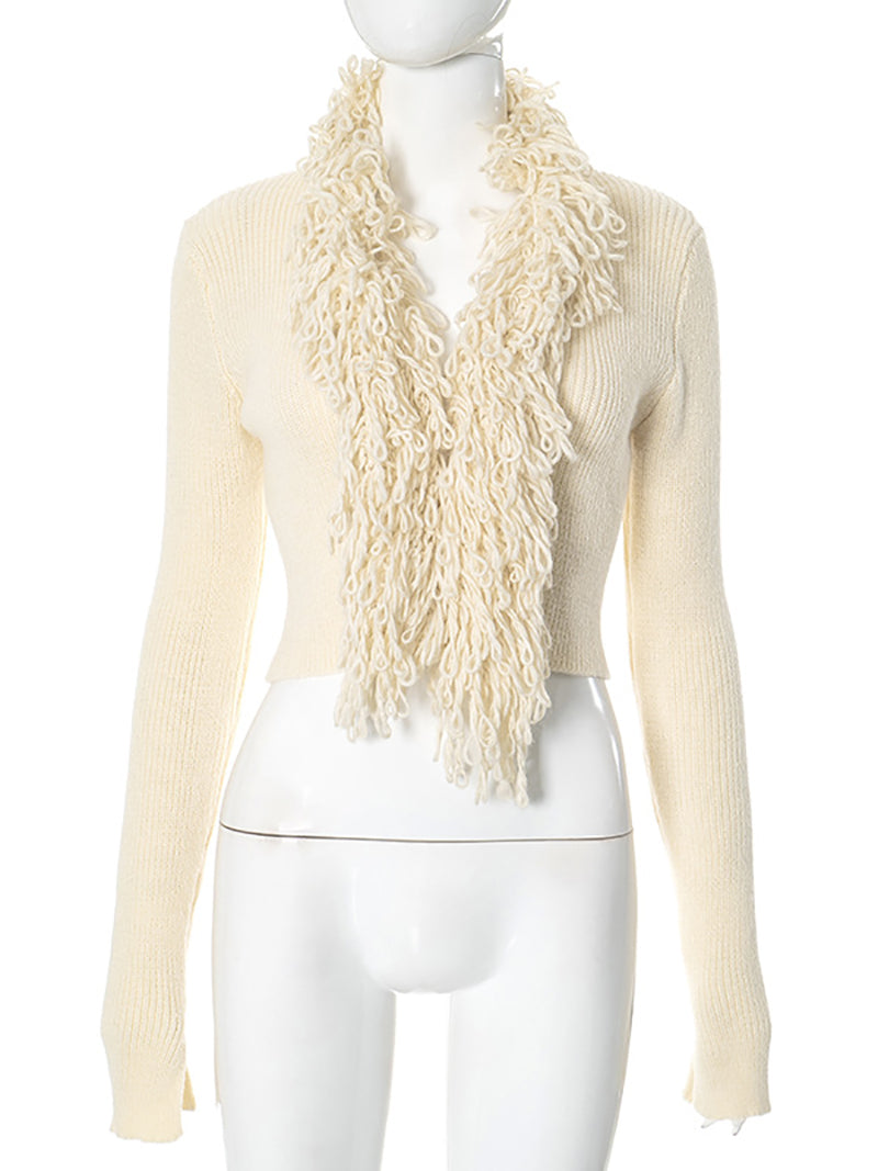 Fluff Tassel Bodycon Cropped Woolen Cardigan