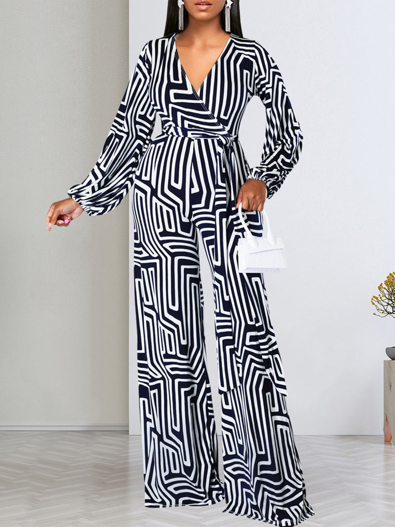 Sexy Printed Sleeve V-Neck Wrap Jumpsuit