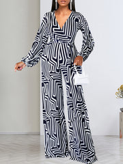 Sexy Printed Sleeve V-Neck Wrap Jumpsuit