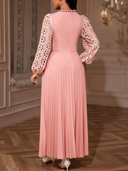 Elegant Lace Lantern Sleeve Hollow Out Pleated Dress