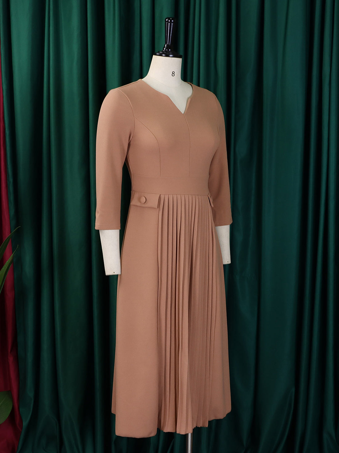 Business Casual Round Neck Slim Pleated Midi Dress