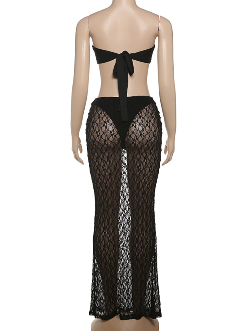 Sexy Crop Top And See-Through Maxi Skirt Club Set