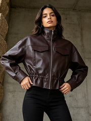 Stand Collar Faux Leather Moto Jacket -botique