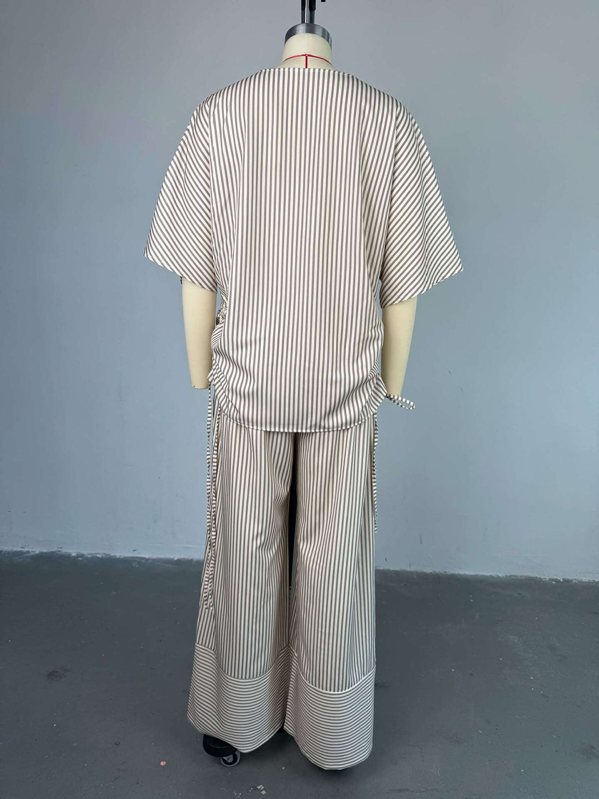 Fashion Stripe V-neck Shirt Wide Leg Pant 2 Piece Set