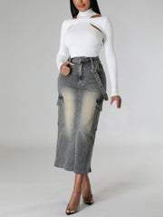 Fashion Tretch Split Multi-Pocket Denim Skirt