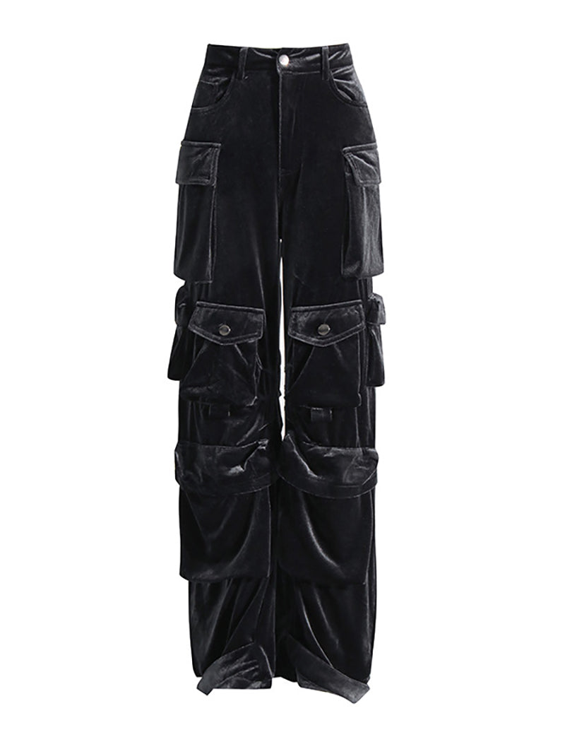 Fashion Velvet Multi Pockets High Waist Cargo Pants