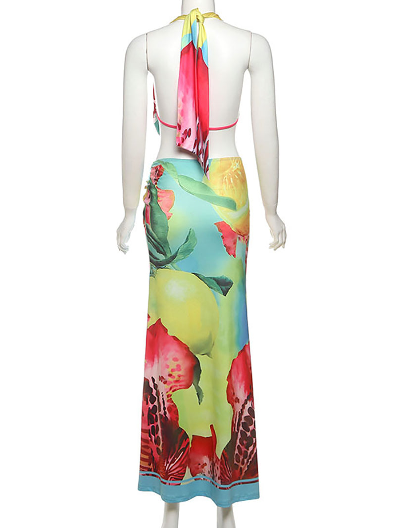 Sexy Print Halter Lace-up High Slit Skirt Two Piece Set