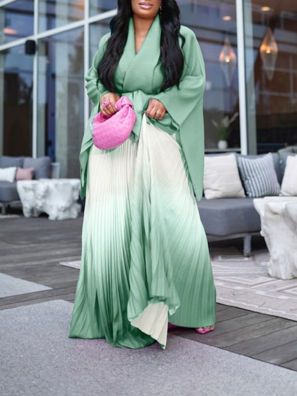 Bat Sleeve Cardigan Gradient Color Pleated Skirt Suit