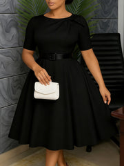 Elegant Short Sleeve Cinched Waist A-Line Dress