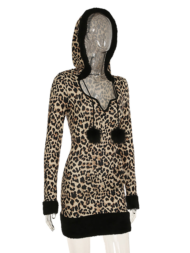 Sexy Leopard Print Hooded Slim Mini Dress