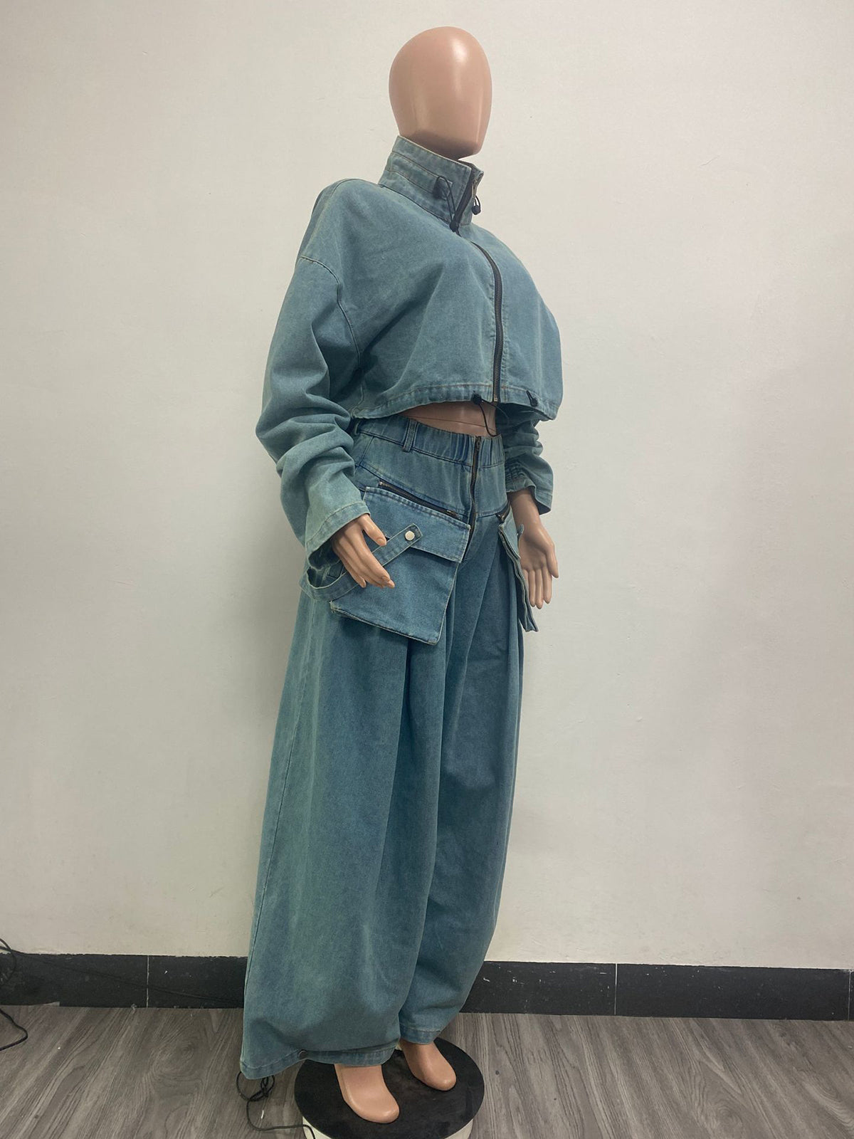 Streetwear Zipper Coats And Pant Denim Sets