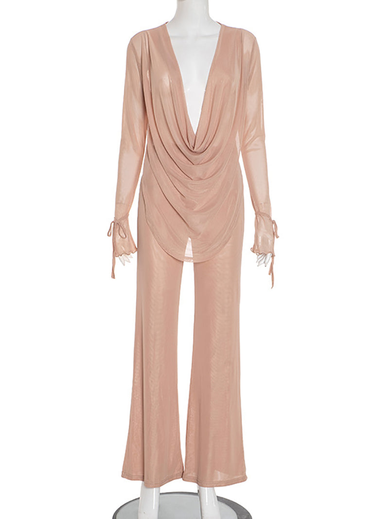 Fashion Cowl Neck Mesh Sheer Top And Pant Sets