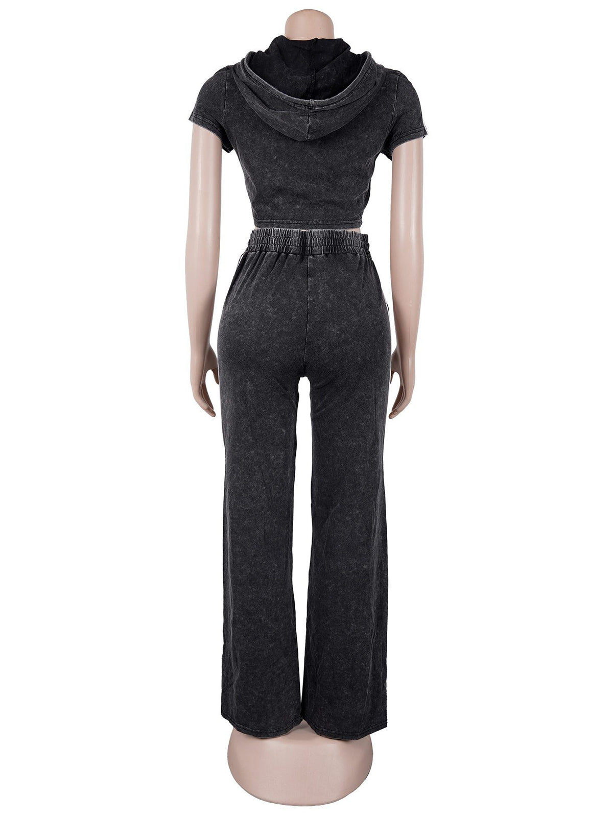 Casual Wash Cropped Hooded T Shirt and Pants Set