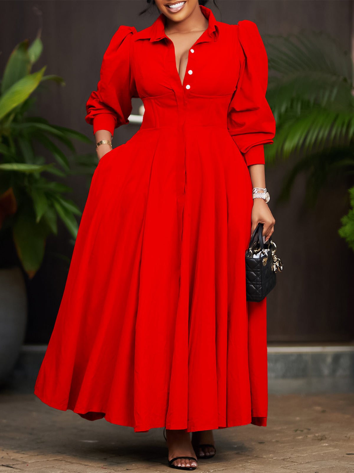 Elegant Long Sleeve Swing Slim Shirt Dress