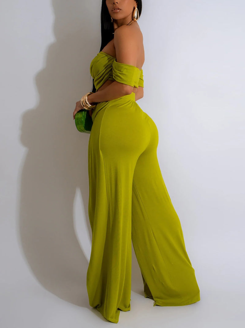 Strapless Top And Slit Wide Leg Pants Two Piece Set