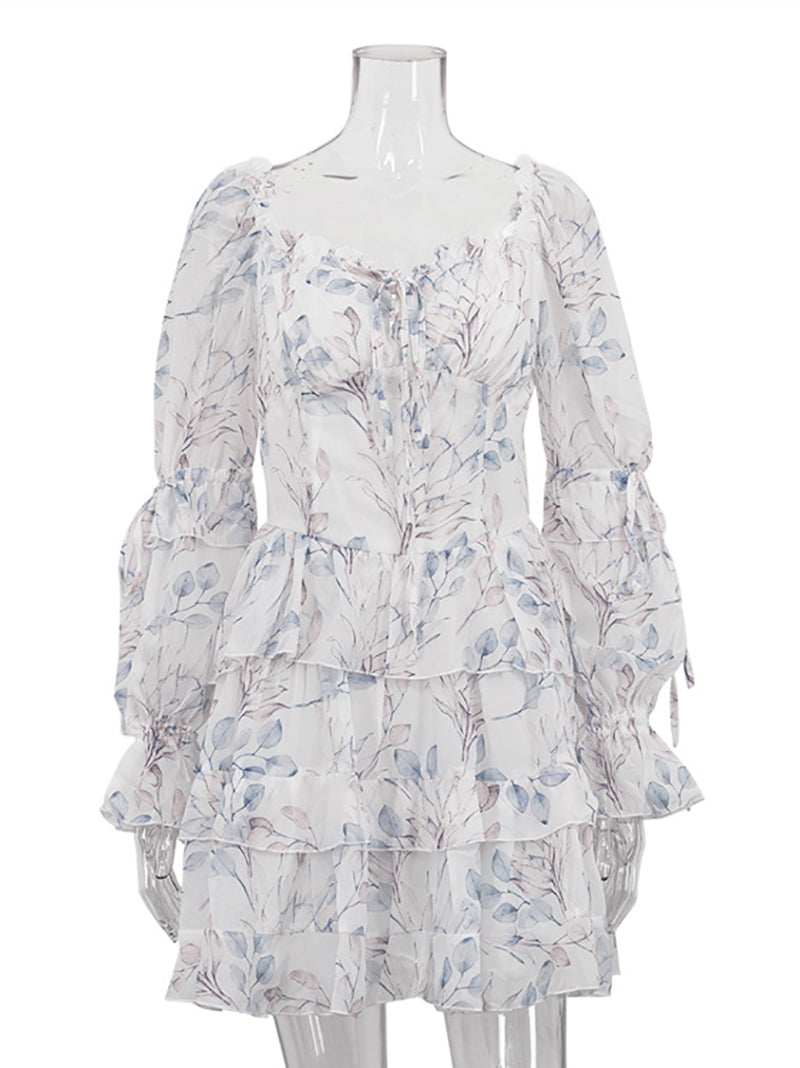 Elegant Square Collar Print Lace-up Tiered Dress