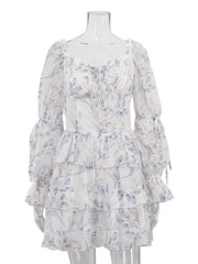 Elegant Square Collar Print Lace-up Tiered Dress