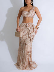 Sexy Sequin One Shoulder Crop Top Long Skirt Set