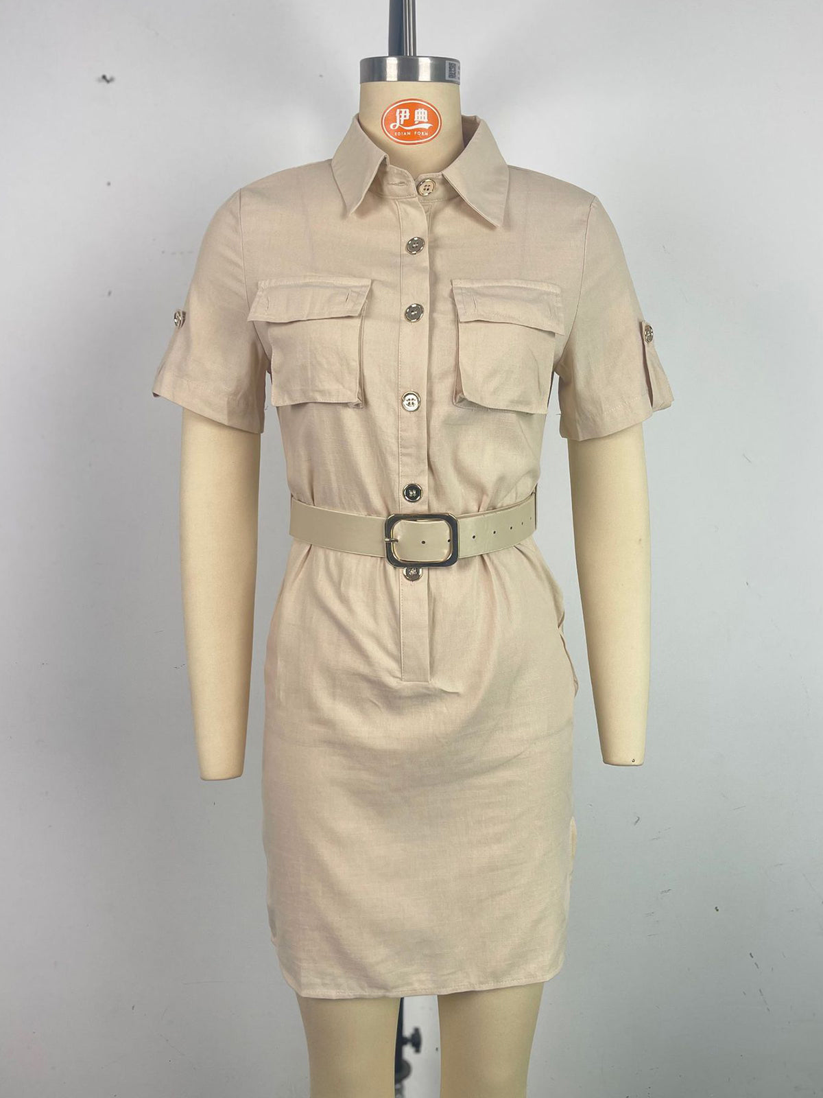 Shirt Collar Button Belt Pocket Dress