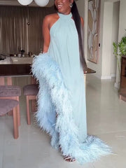 Feather Trim Halter Asymmetric Maxi Dress