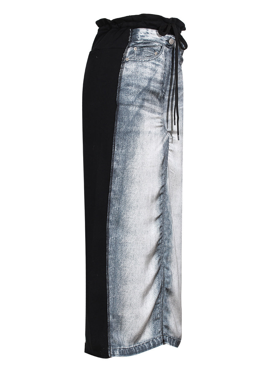 Fashion Denim Print Patchwork Drawstring Long Skirt