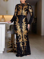 Elegant Stand Collar Sequin Maxi Evening Gown