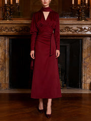 Fashion V Neck Ruched Scarf Maxi Dress