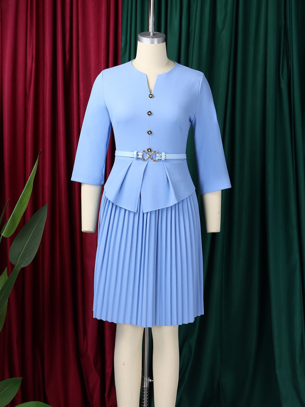 Elegant Belt Slim Pleated Midi Dress