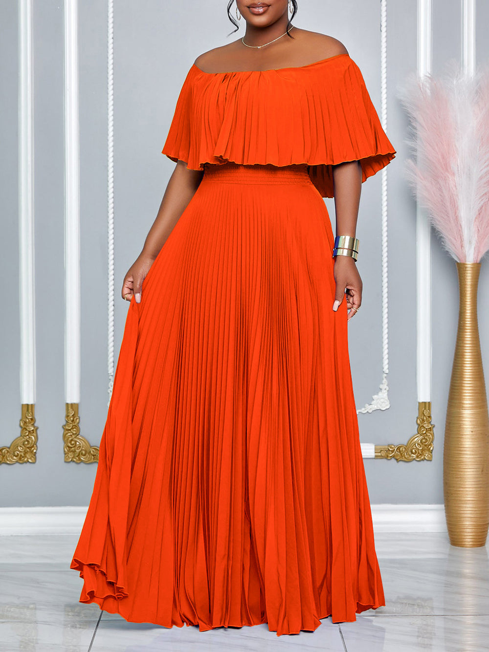 Elegant Solid Color Pleated Off Shoulder Long Dress