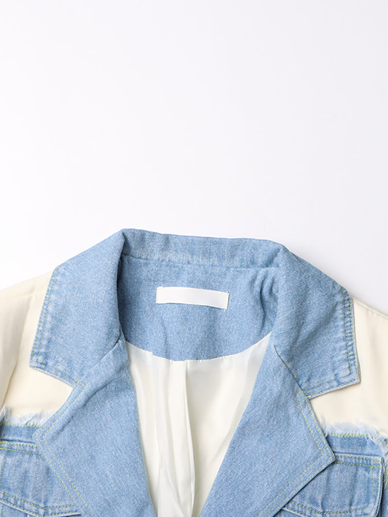 Colorblock Patchwork Denim Long Sleeve Blazer