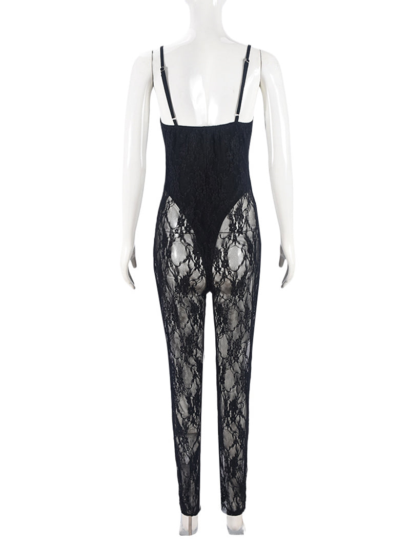 Sexy Lace Patchwork Sleeveless See Through Jumpsuits