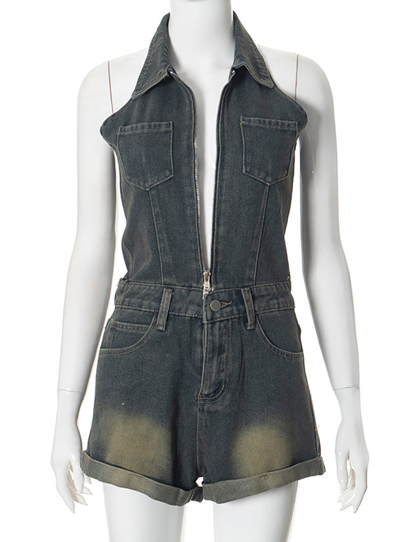 Sexy Sleeveless V-Neck High Waist Denim Romper