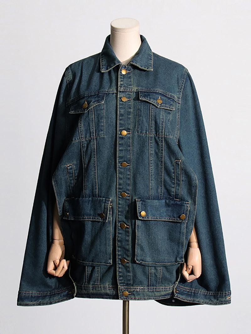 Spliced Pocket Cape Sleeve Loose Denim Jacket